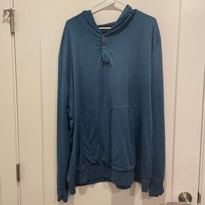 Mountain and Isles Mens XXL Teal Blue Henley Hoodie Pullover Kangaroo Pocket